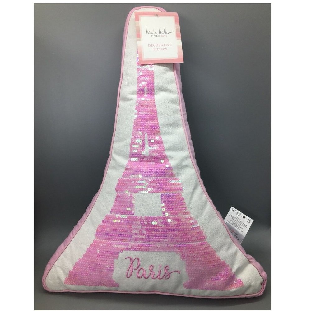 Nicole Miller Paris Eiffel Tower Sequin PILLOW Decorative Pink Girls 21" Decor